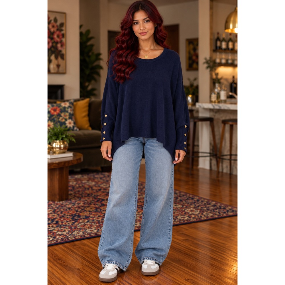 Joseph A Navy Blue Knit Oversized Tunic Sweater Gold Button Cuffs Womens Medium